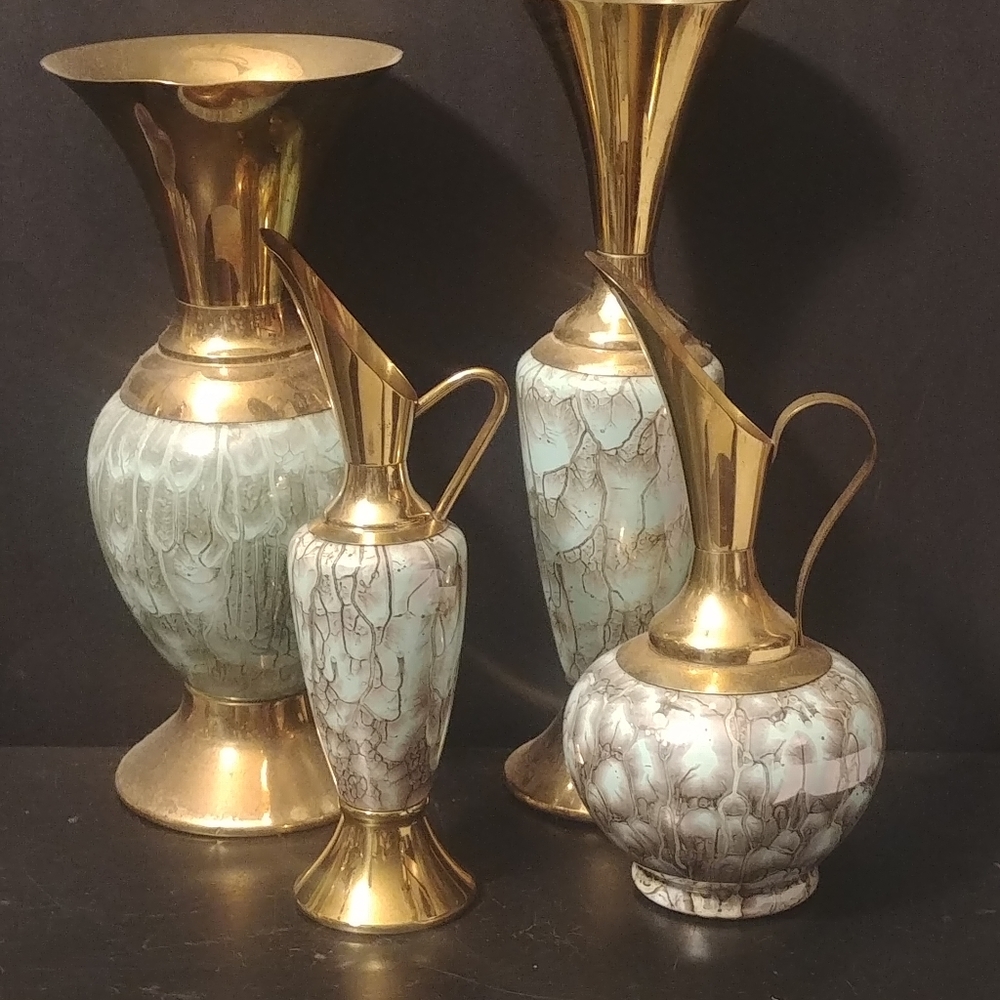 Set 4 Delft Holland Pottery Vases Gold Green